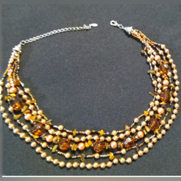 No identifying markers noted. Jewelry - Vintage Necklace Multi-Strand Necklace Rose Gold Faux Pearls Umber Stones Beads